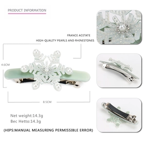 Elegant mint green snowflake hair clip with pearls and rhinestones 8.5cm acetate spring clip