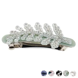 Vintage Acetate Leaf Shape Hair Clip For Women With Sparkling Rhinestone Inlaid Handmade Hair Accessory Spring Clip Headwear