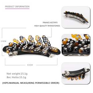Tortoiseshell acetate leaf hair clip with rhinestones, sized 8.5x3.9cm for women