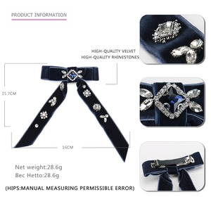 French vintage dark blue velvet bow hair clip with sparkling crystal rhinestone details