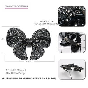 Sparkling rhinestone butterfly hair clip in black acetate with durable metal spring barrette