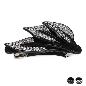 Vintage Leaf Shape France Acetate Hair Clip With Rhinestones Sparkling Black Spring Clip Fashion Elegant Headwear For Women