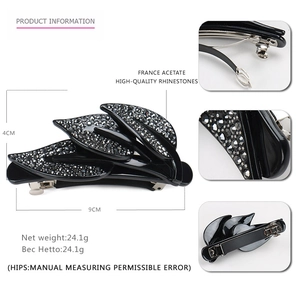 Vintage leaf design hair clip with rhinestones and black acetate 9cm spring fastener
