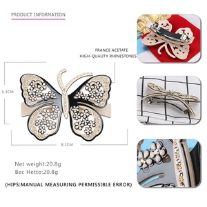 Détails et dimensions de la pince à cheveux papillon en acétate avec strass et ajours