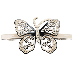 Barrette papillon évidée élégante avec strass en acétate coloris beige et noir chic