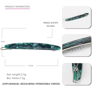 Barrette à cheveux en acétate marbré vert foncé avec pince à ressort en métal argenté
