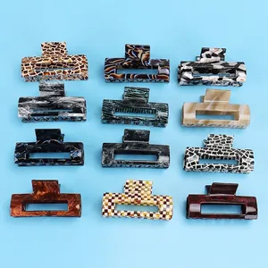 Vintage France Acetate Large Hair Claw Clips For Women Square Hollow Marble Checkerboard Pattern Hairpins Styling Accessories