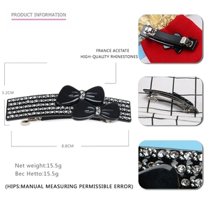 Barrette à cheveux noire en acétate avec cristaux tchèques et fermeture à ressort