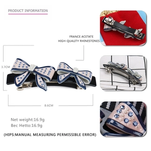 Blue and beige acetate bow hair clip with rhinestones and metal spring clip 8.6cm