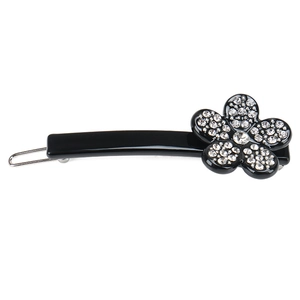 Elegant geometric black acetate hair clip with sparkling rhinestone flower detail