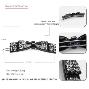 Classic black acetate hair clip with rhinestones and bow design for women's vintage hairstyle