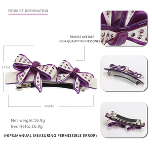 Purple acetate bow hair clip with Czech rhinestones and metal spring buckle 8.6cm