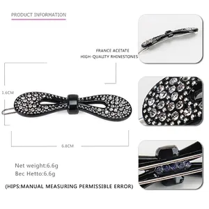 Detail of France acetate bow hair clip with rhinestones and size specifications