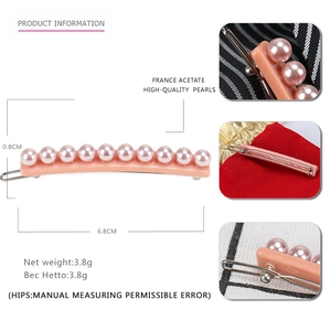 Pink acetate hair clip with pearls and metal spring clip, length 6.8cm, elegant barrette