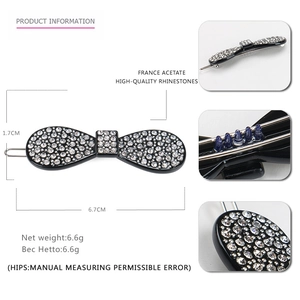 Detailed views of vintage black acetate hair clip with rhinestones and clip mechanism
