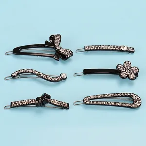 Korean Style Black Acetate Hair Clips Rhinestone Inlaid Geometric Bow Flower Hairpins Frog Clips For Women Elegant Hair Accessories