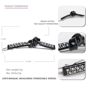 Elegant geometric acetate hair clip with rhinestones and knot design on white background