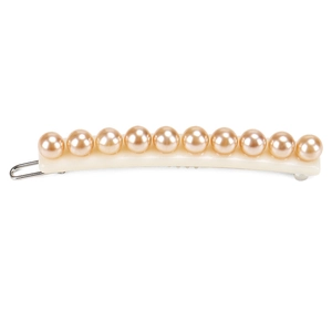 Detail view of champagne pearls on white resin base hair clip with elegant silver metal clamp