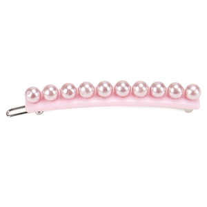 Detailed view of long pink pearl hair clip with eleven round beads on metallic spring base