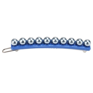 Detailed macro view of long blue spring hair clip with ten metallic grey faux pearls