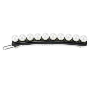 Classic black hair clip with eleven white pearls on a polished base for women's hair styling