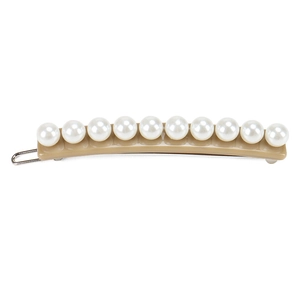 Detailed close-up of 11 white pearls set on a classic acrylic base hair clip