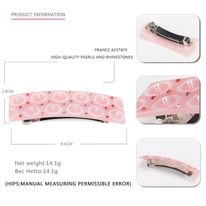 Barrette en acétate rose avec strass brillants et perles, taille 8,6 cm par 2,8 cm