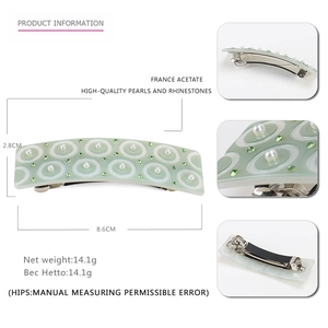 Barrette en acétate vert clair avec perles et strass verts, longueur de 8,6 cm