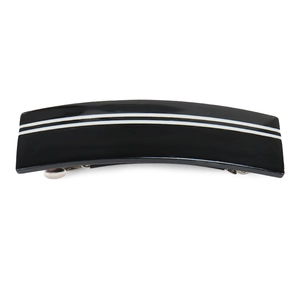 Barrette noire minimaliste rectangulaire avec rayures blanches et pince à ressort en métal