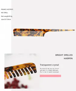 Detail view of acetate rat tail comb showing dimensions 21x2.6cm and tortoise shell pattern