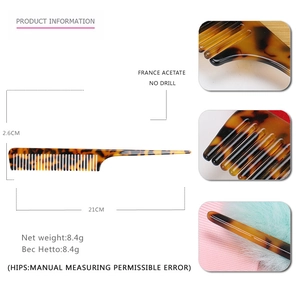 Detailed macro view of acetate hair comb texture, fine teeth, and long pointed handle
