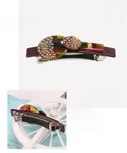 Vue détaillée d'une barrette en acétate ornée de strass avec fermoir à ressort