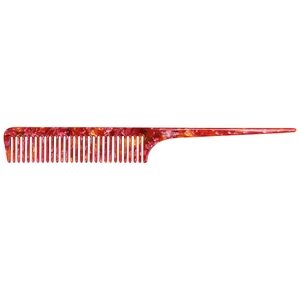 Macro shot of red marble acetate rat-tail comb with fine teeth for salon hair styling