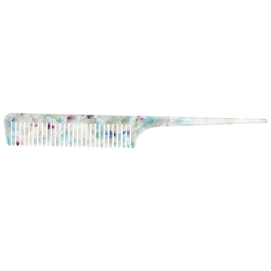 Detail of colorful acetate salon tail comb showing marbled floral pattern texture