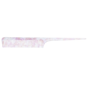 Macro view of marbled pink acetate tail comb showing fine teeth and pointed handle