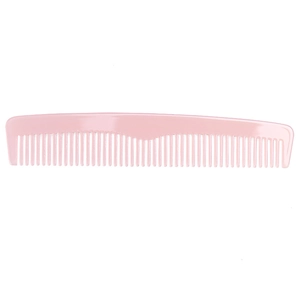 Close-up of pink acetate hair comb showing fine teeth and smooth curved design