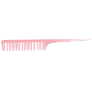 Macro detail of the fine teeth and pointed tail of this pink acetate styling comb