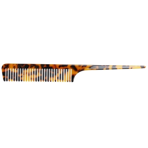 Detailed side view of a tortoiseshell rat tail comb for professional hair styling.