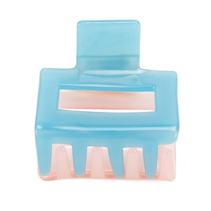 Blue and pink two-tone acetate hair claw clip with a hollow rectangular geometric design