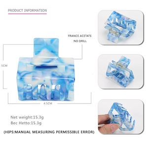French acetate geometric hair claw clip with blue and white marble pattern 5cm x 4.5cm