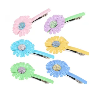 Set van 6 kleurrijke madeliefje haarspelden met strass-steentjes in diverse kleuren