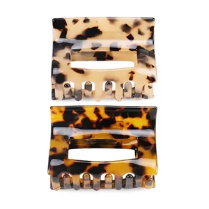 Set of two tortoise shell acetate hair claws in square hollow design for women