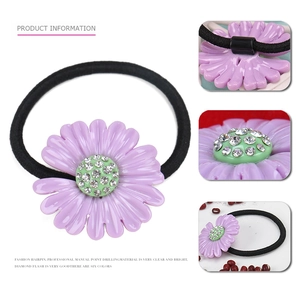 Purple daisy acetate hair scrunchie with rhinestones and black high elastic hair rope