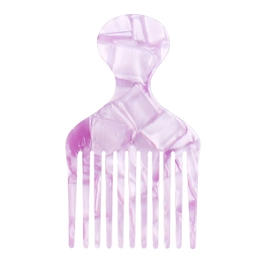 Close-up of purple marble pattern afro pick with wide teeth and rounded handle