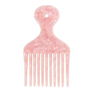 Detailed macro view of pink marble acetate hair pick comb with wide teeth and round hole