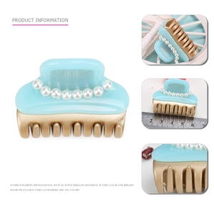Blue acetate hair claw with pearls and champagne gold teeth shown in multiple angles