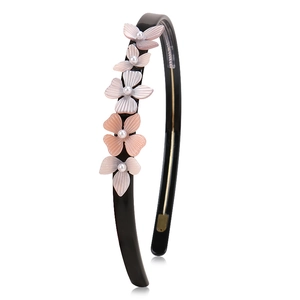 Elegant black acetate headband with gradient pink resin flowers and white pearls