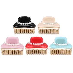 French Vintage Acetate Hair Claw Clip With Artificial Pearls Elegant Geometric Hair Grip For Women Girls Styling Accessories