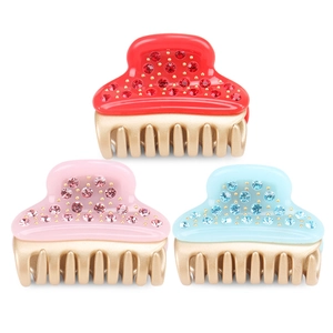 Lot de 3 pinces à cheveux en acétate rouge, rose et bleu avec détails en strass brillants