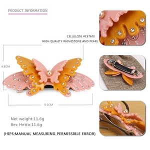 Pink acetate bow hair clip with rhinestones and pearl detail shown from multiple angles
